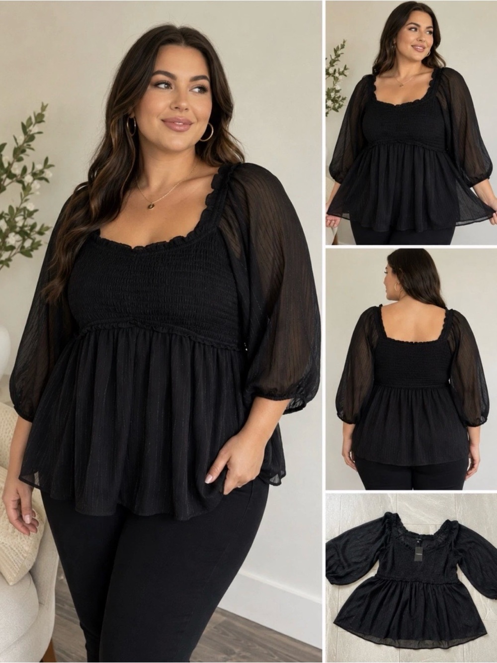 NWT Torrid Black Babydoll Crinkle Chiffon Blouse 2X Smocked Peplum